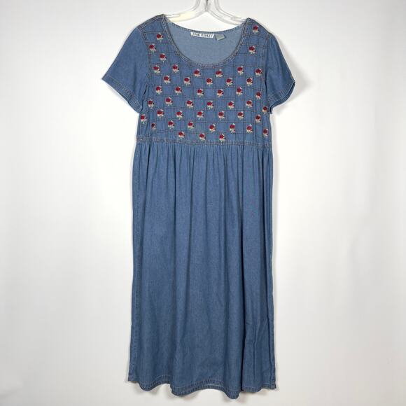 Vintage Jane Ashley Denim Maxi Dress Red Roses Western Blue Size L - Picture 1 of 7